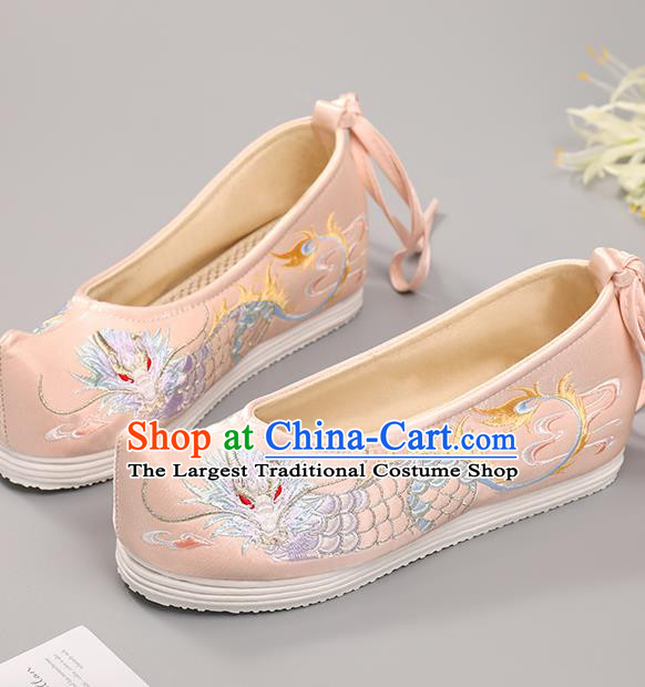 China Handmade Hanfu Shoes National Shoes Traditional Pink Cloth Shoes Classical Dragon Pattern Embroidered Shoes