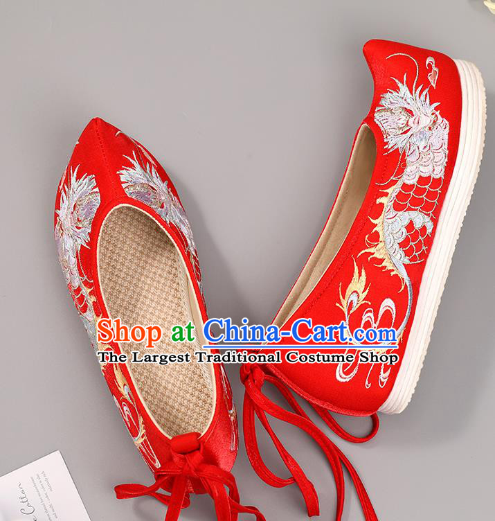 China Red Embroidered Shoes Handmade National Shoes Traditional Cloth Shoes Classical Dragon Pattern Hanfu Shoes