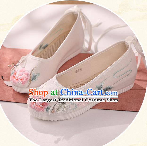 Top China Handmade National Shoes Embroidered Butterfly Peony Shoes Traditional Hanfu White Cloth Shoes