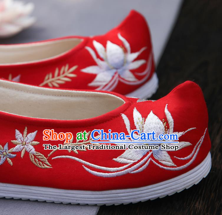 Traditional China Handmade Shoes National Shoes Red Cloth Shoes Embroidered Lotus Shoes Bride Shoes Wedding Shoes