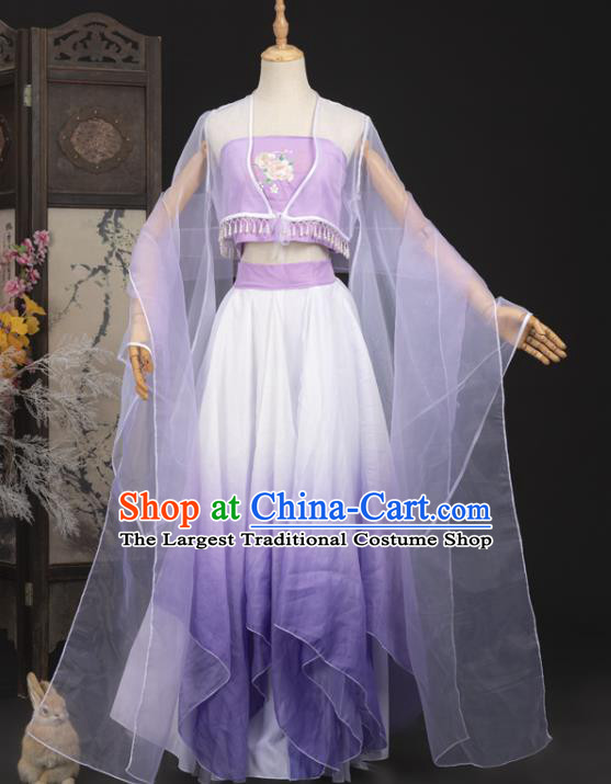 Ancient Dunhuang Apsaras Top and Skirt Chinese Cosplay Fairy Purple Hanfu Dress Complete Set
