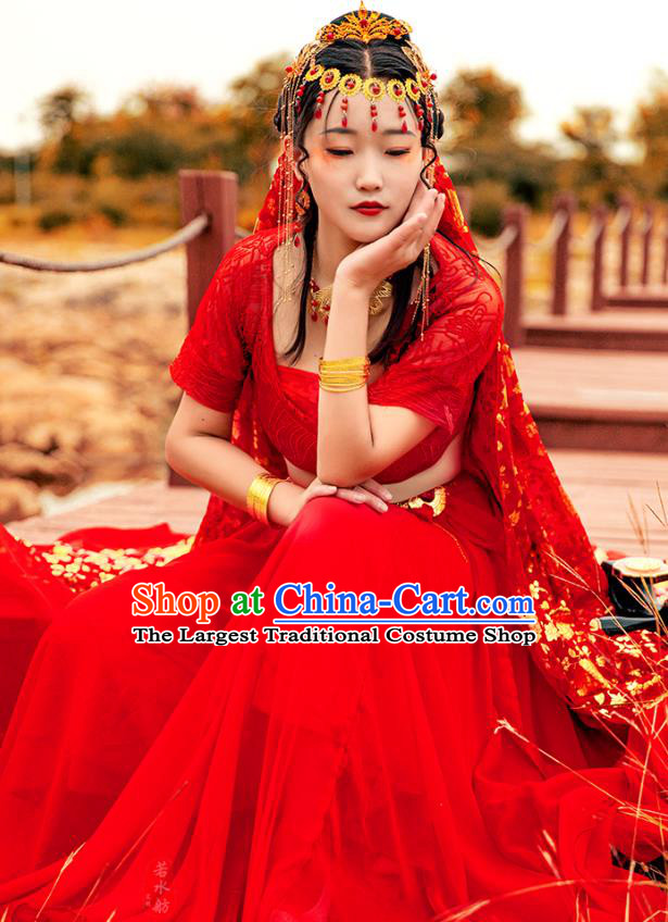 Chinese Cosplay Court Lady Costumes Ancient Princess Classical Dance Red Hanfu Dress and Headwear