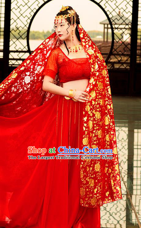 Chinese Cosplay Court Lady Costumes Ancient Princess Classical Dance Red Hanfu Dress and Headwear