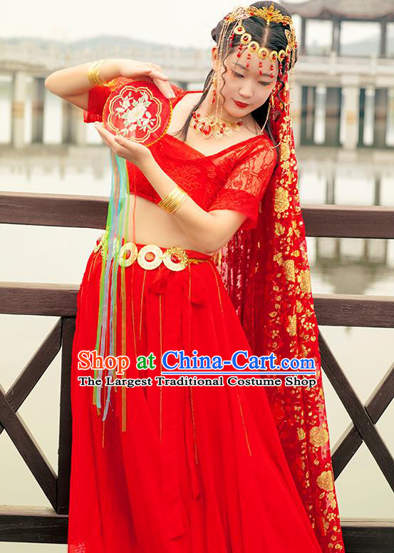 Chinese Cosplay Court Lady Costumes Ancient Princess Classical Dance Red Hanfu Dress and Headwear