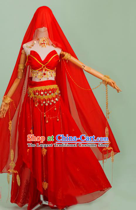 Chinese Cosplay Flying Apsaras Costumes Ancient Dunhuang Classical Dance Hanfu Dress Red Top and Skirt with Headwear