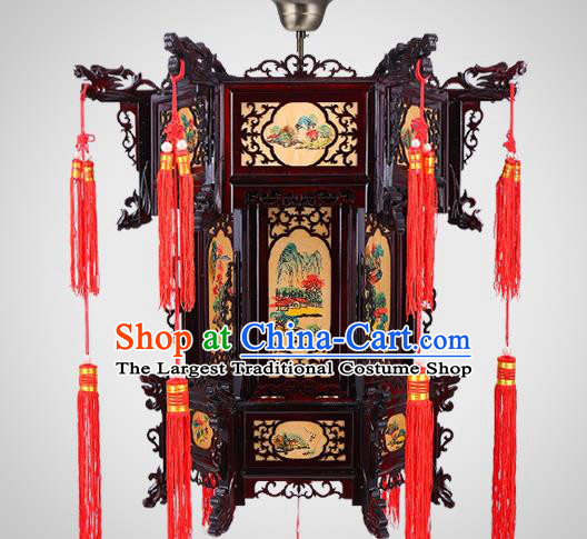 Chinese Traditional Hanging Lamp Handmade Hexagon Palace Lantern Classical Landscape Wood Lanterns New Year Lantern