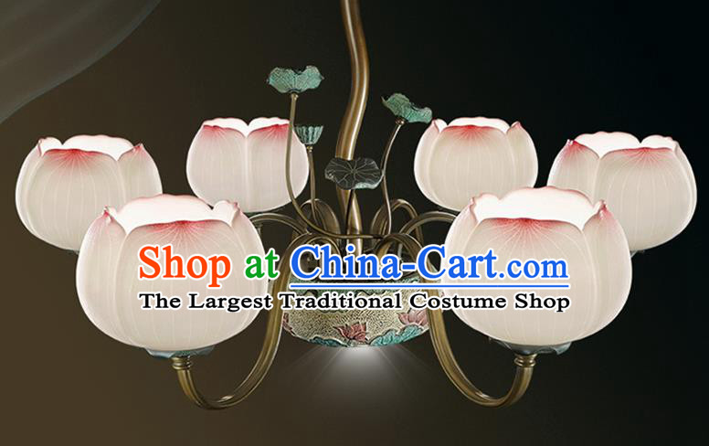 Chinese Traditional Ceiling Lamp Handmade Classical Lanterns Iron Art Six Lights Lotus Lantern