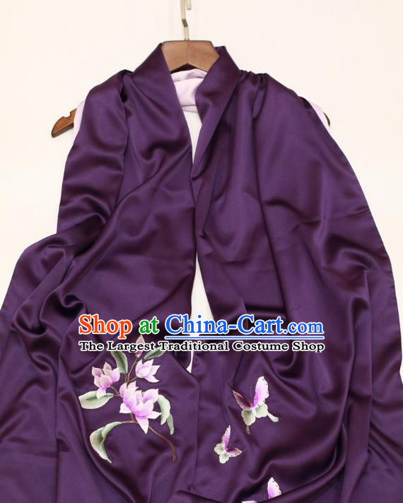 Traditional China Silk Scarf Embroidery Magnolia Craft Mother Cappa Embroidered Deep Purple Tippet
