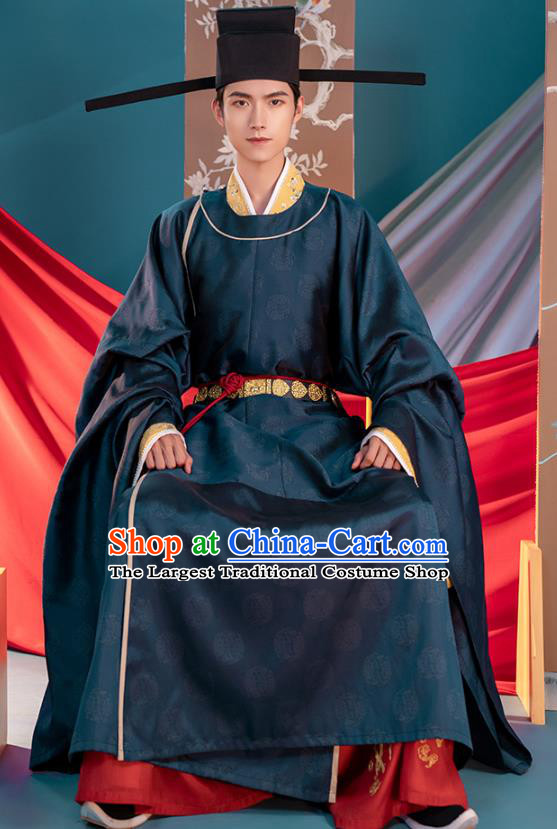 Traditional China Song Dynasty Emperor Zhao Zhen Hanfu Clothing Ancient Imperator Costumes Navy Robe and Pants Full Set