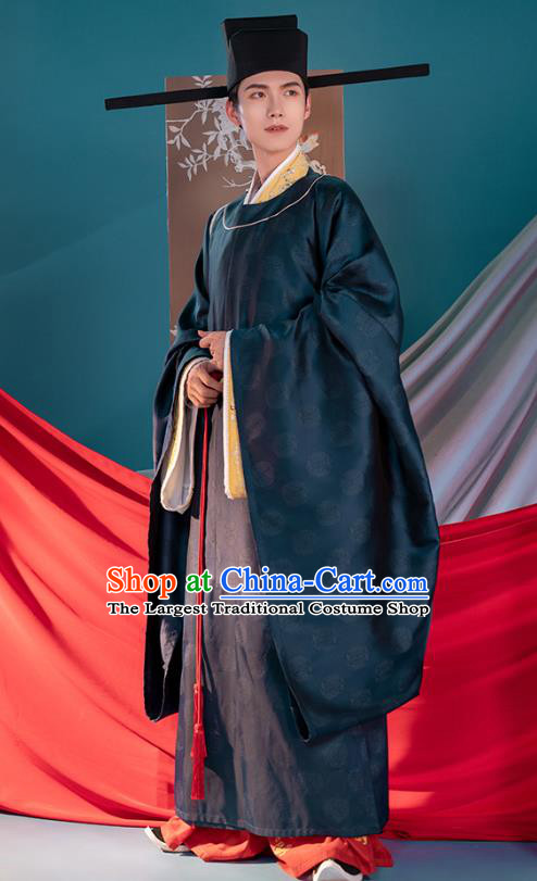 Traditional China Song Dynasty Emperor Zhao Zhen Hanfu Clothing Ancient Imperator Costumes Navy Robe and Pants Full Set