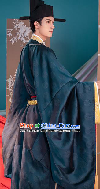 Traditional China Song Dynasty Emperor Zhao Zhen Hanfu Clothing Ancient Imperator Costumes Navy Robe and Pants Full Set