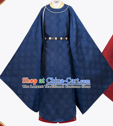 Traditional China Song Dynasty Emperor Zhao Zhen Hanfu Clothing Ancient Imperator Costumes Navy Robe and Pants Full Set