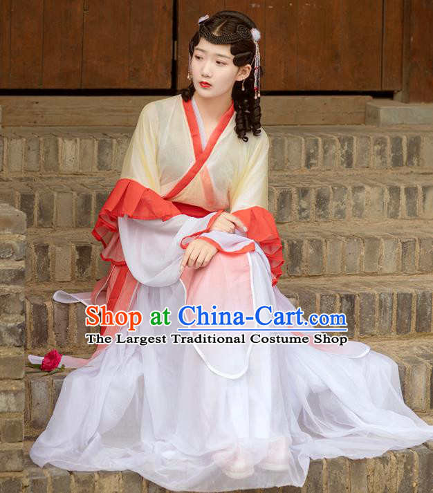 Chinese Jin Dynasty Young Lady Costumes Ancient Village Girl Hanfu Dress Apparels