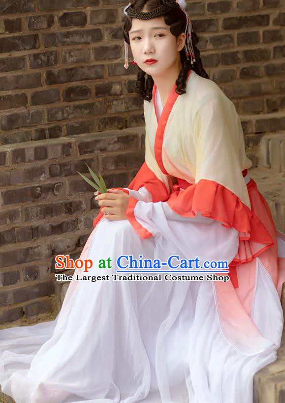 Chinese Jin Dynasty Young Lady Costumes Ancient Village Girl Hanfu Dress Apparels