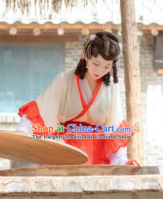 Chinese Jin Dynasty Young Lady Costumes Ancient Village Girl Hanfu Dress Apparels