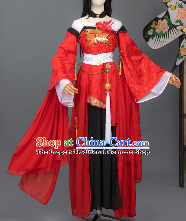 Chinese Ming Dynasty Young Female Costumes Ancient Swordswoman Red Hanfu Dress Fairy Princess Apparels