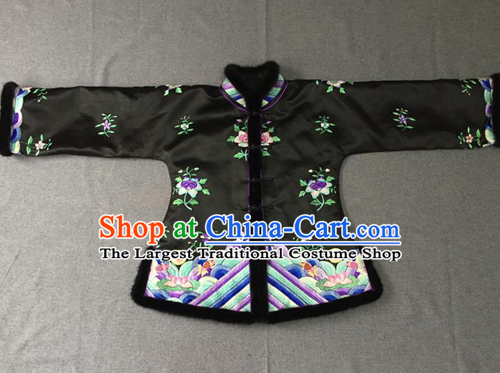 Chinese Tang Suit Black Silk Jacket Apparels Embroidered Upper Outer Garment Winter Costume