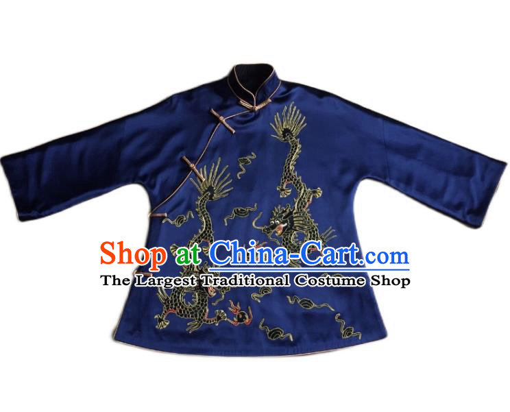 Chinese Court Embroidered Dragons Apparels Upper Outer Garment National Costume Tang Suit Navy Silk Jacket