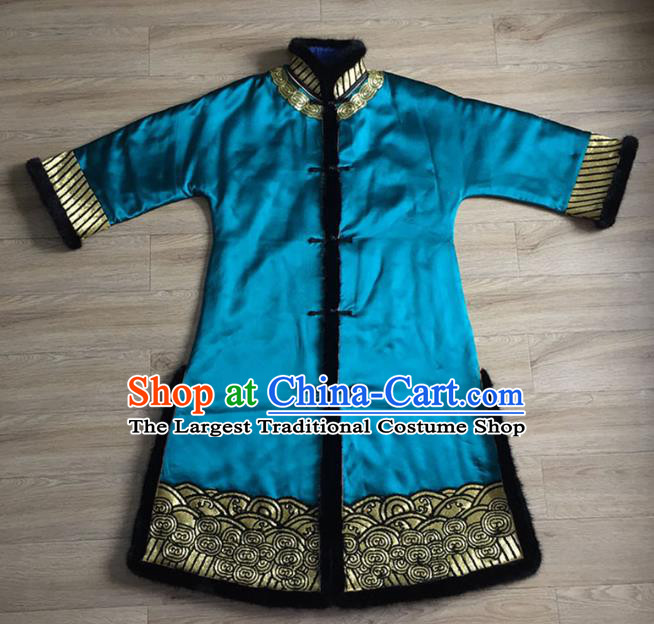 Chinese Blue Silk Jacket Apparels Upper Outer Garment National Tang Suit Winter Cotton Padded Costume