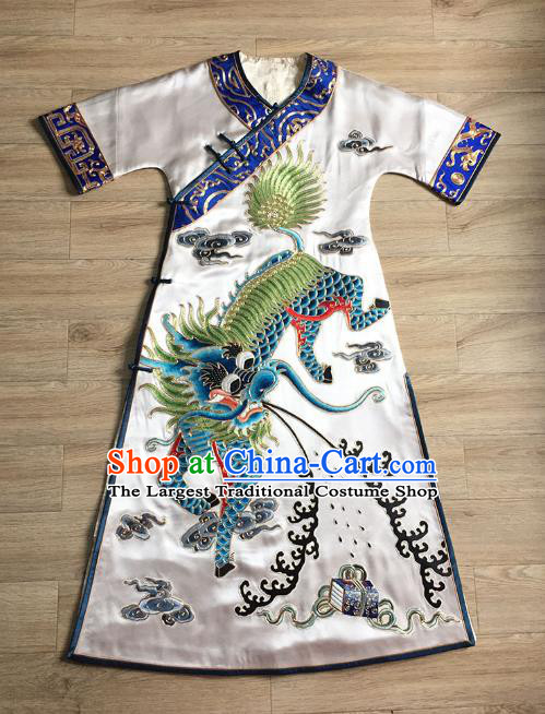 China Women National Clothing Tang Suit Cheongsam Embroidered Kylin White Silk Qipao Dress