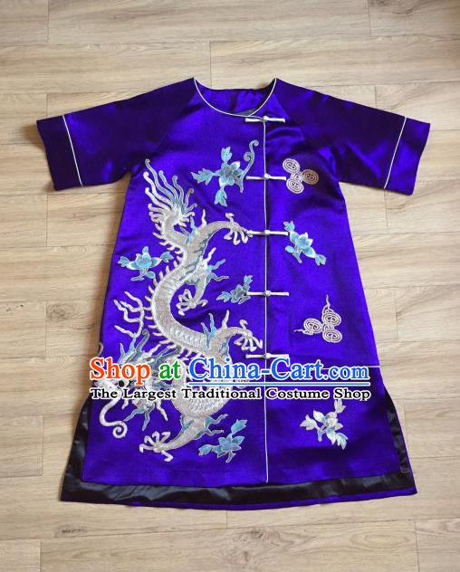 China Women National Clothing Tang Suit Cheongsam Clothing Embroidered Dragons Royalblue Silk Qipao Dress