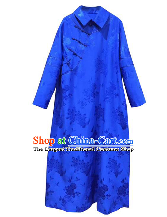 China Tang Suit Women Clothing Classical Rose Pattern Cheongsam Royalblue Silk Qipao Dress Costume