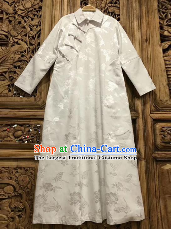China Qipao Dress Costume Tang Suit Women Clothing Classical Peony Butterfly Pattern White Silk Cheongsam