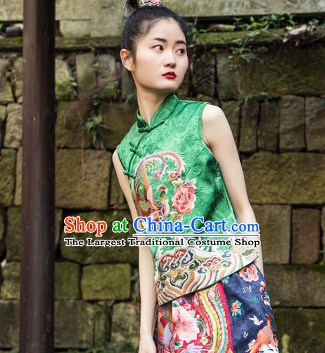 China Tang Suit Embroidery Phoenix Peony Blouse National Clothing Green Brocade Shirt for Women
