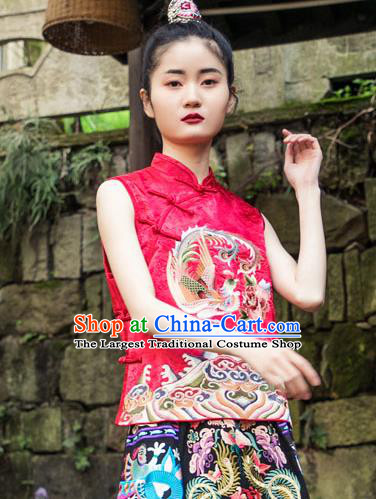 China National Clothing Rosy Brocade Shirt Tang Suit Embroidery Phoenix Peony Blouse for Women