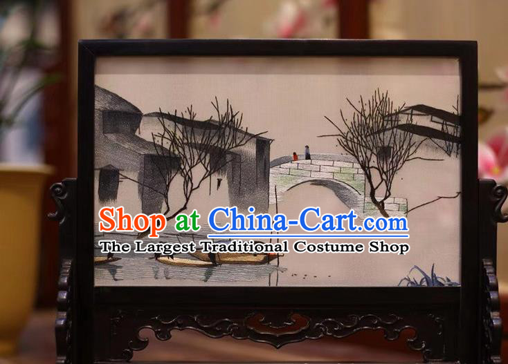 China Embroidered Table Screen Hand Suzhou Embroidery Craft Traditional Autumnal Scenery Painting Desk Wood Screen