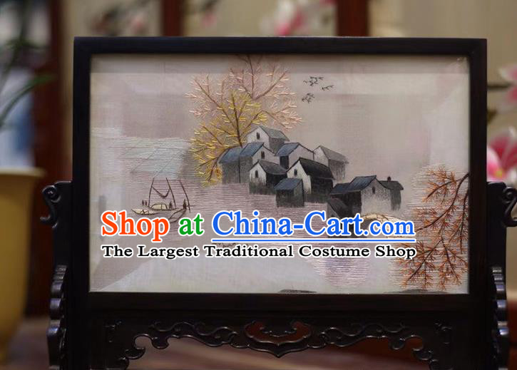 China Wood Carving Screen Embroidered Table Screen Hand Suzhou Embroidery Craft Traditional Desk Screen