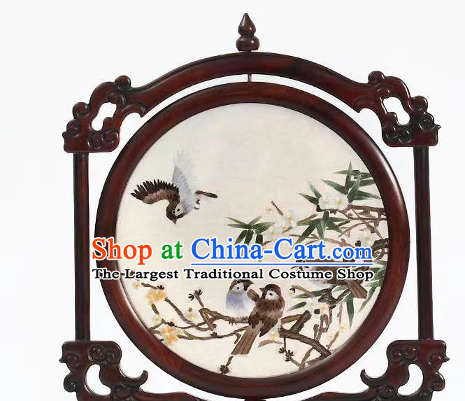 China Suzhou Embroidery Wood Carving Desk Screen Embroidered Craft Bamboo Plum Painting Table Screen