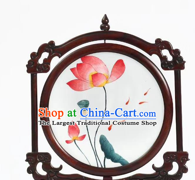 China Handmade Rosewood Desk Screen Suzhou Embroidery Craft Lotus Painting Table Screen