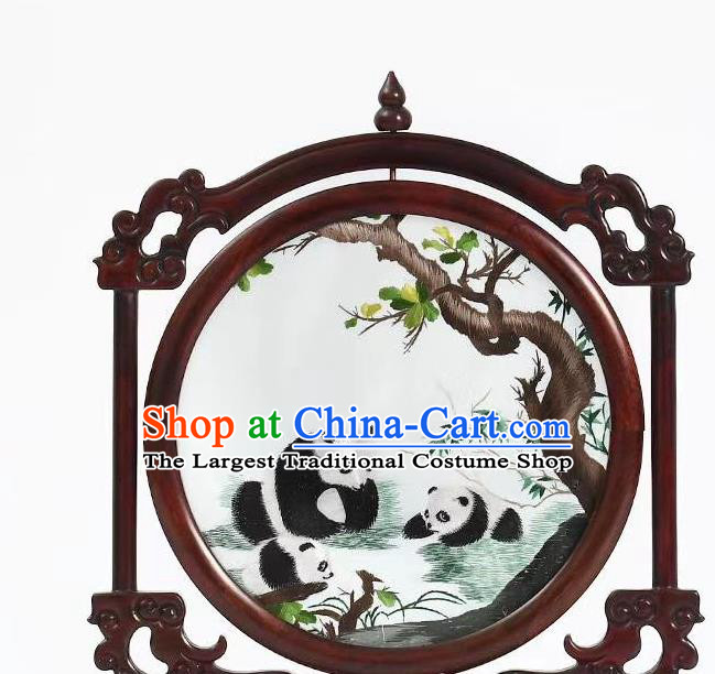 China Rosewood Table Decoration Suzhou Embroidery Panda Painting Desk Screen Handmade Artware
