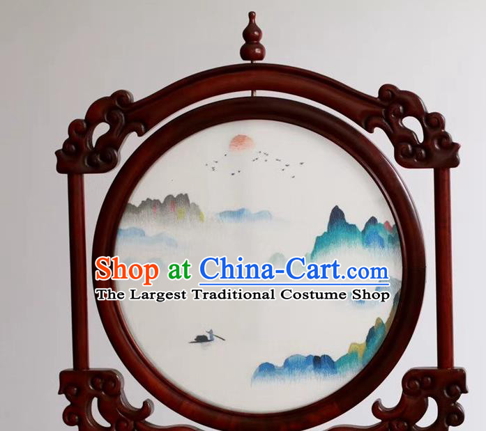 China Handmade Suzhou Embroidered Painting Craft Embroidery Table Decoration Sunset Glow Desk Screen Rosewood Artware