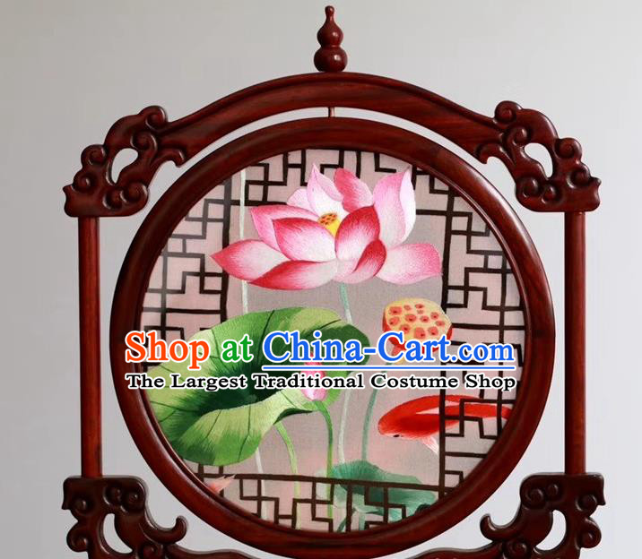 China Rosewood Desk Screen Embroidery Table Decoration Handmade Suzhou Embroidered Lotus Painting Craft