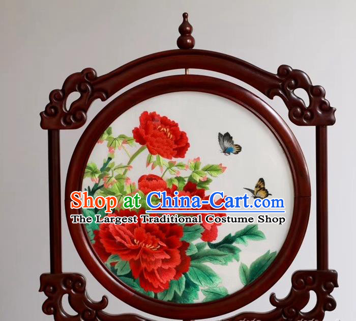 China Peony Flowers Rosewood Desk Screen Handmade Suzhou Embroidered Craft Embroidery Table Ornament