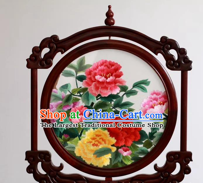 China Embroidery Craft Handmade Table Ornament Suzhou Embroidered Peony Rosewood Desk Screen