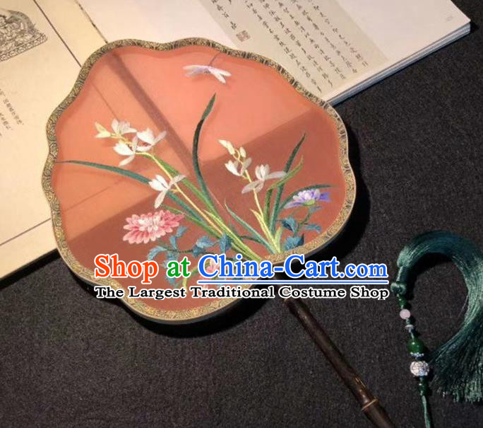 China Suzhou Embroidery Orchids Double Side Fan Palace Fan Classical Dance Silk Fans Ancient Black Bamboo Fan