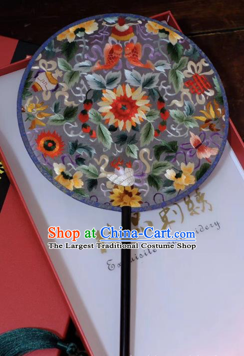 China Ancient Palace Fan Embroidery Flowers Silk Fan Handmade Round Fan Qing Dynasty Court Lady Fans Suzhou Double Side Fans