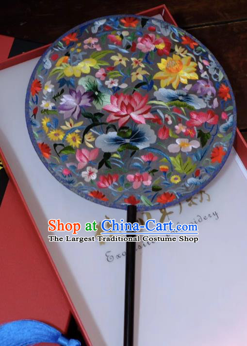 China Suzhou Double Side Fans Ancient Palace Fan Handmade Round Fan Qing Dynasty Court Lady Fans Embroidery Lotus Silk Fan