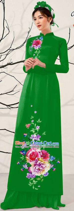 Asian Vietnam Green Aodai Qipao Dress Traditional Vietnamese Costumes Classical Printing Flowers Cheongsam and Pants for Women