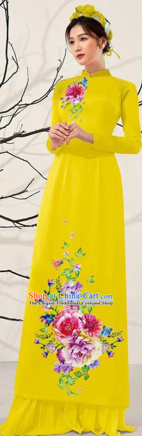 Asian Vietnam Yellow Ao Dai Qipao Dress Traditional Vietnamese Costumes Classical Printing Flowers Cheongsam and Pants for Women