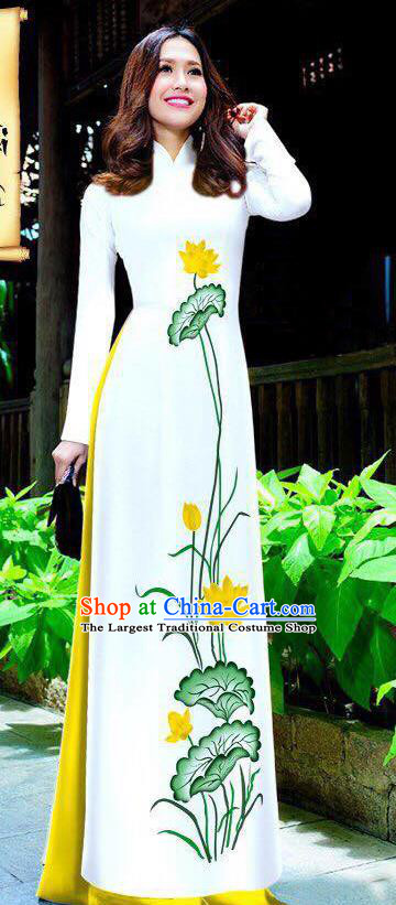 Asian Vietnam Ao Dai Qipao Traditional Vietnamese Cheongsam Costumes Classical Hand Painting Lotus Dress and Yellow Pants for Women