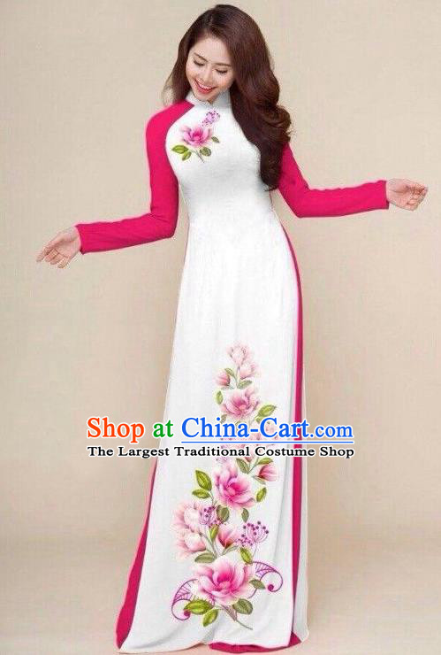 Asian Vietnam Printing Flowers Ao Dai Qipao Traditional Vietnamese Cheongsam Costumes Classical White Dress and Pants for Women