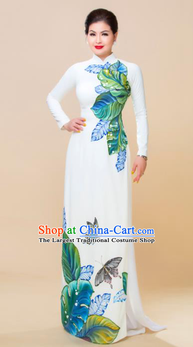 Asian Vietnam Printing Butterfly Ao Dai Qipao Traditional Vietnamese Cheongsam Costumes Classical White Dress and Pants for Women