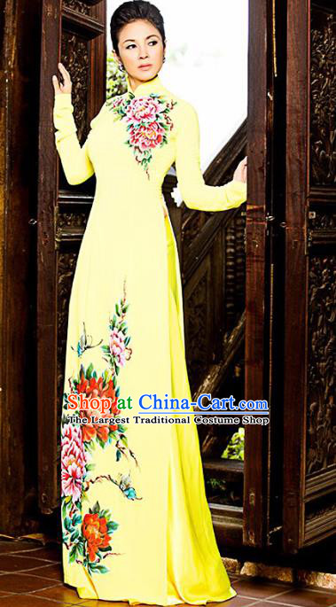 Asian Vietnam Printing Peony Ao Dai Qipao Traditional Vietnamese Cheongsam Costumes Classical Yellow Dress and Pants for Women