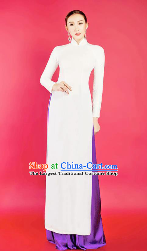 Asian Vietnam Ao Dai Qipao Traditional Vietnamese Cheongsam Costumes Classical White Dress and Purple Loose Pants for Women