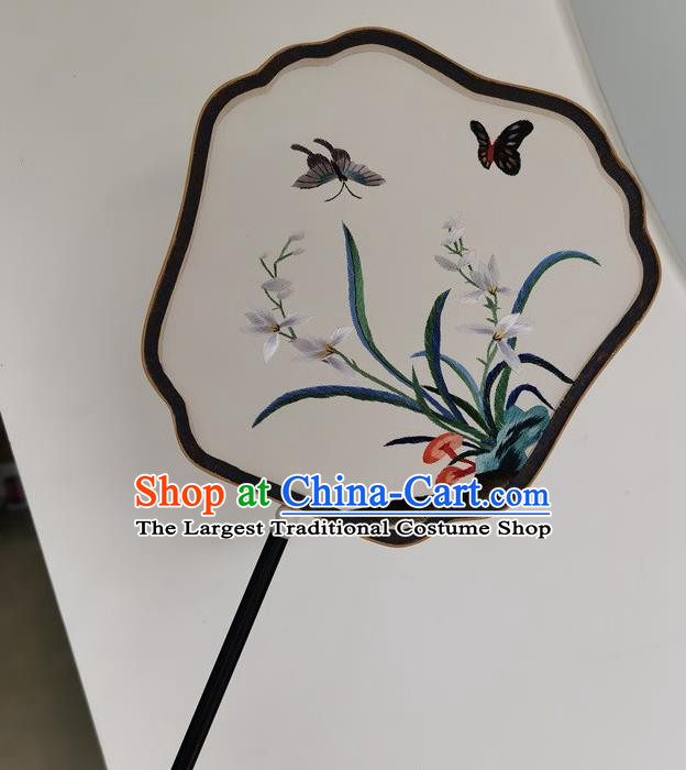 China Embroidery Orchids Silk Fan Ancient Court Lady Fans Double Side Fan Handmade Palace Fan