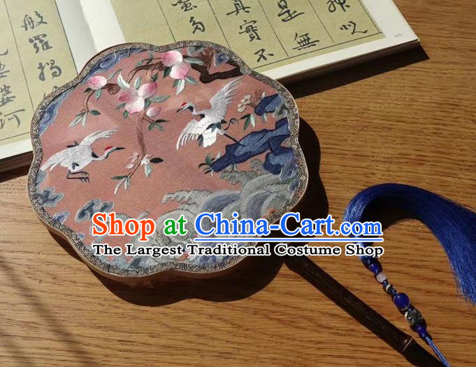 China Embroidery Peach Cranes Pink Silk Fan Traditional Handmade Embroidered Palace Fan Ancient Court Lady Fans Double Side Fan